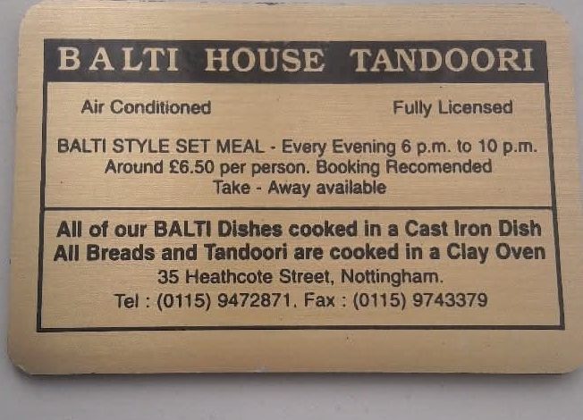 Brass 1990s Balti House Tandoori card advertising a balti-style set meal