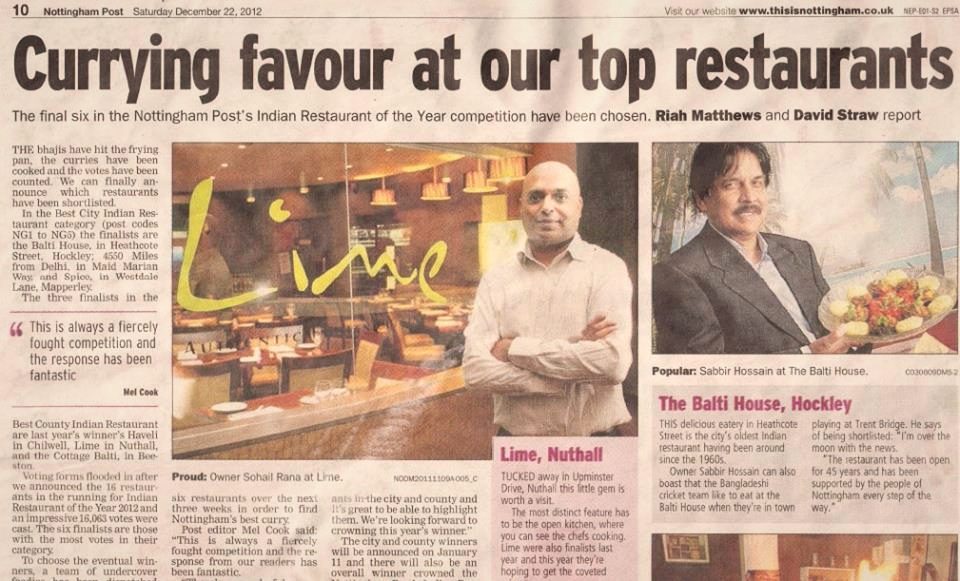 Nottingham Post page of 22 December 2012 naming The Balti House an Indian Restaurant of the Year finalist